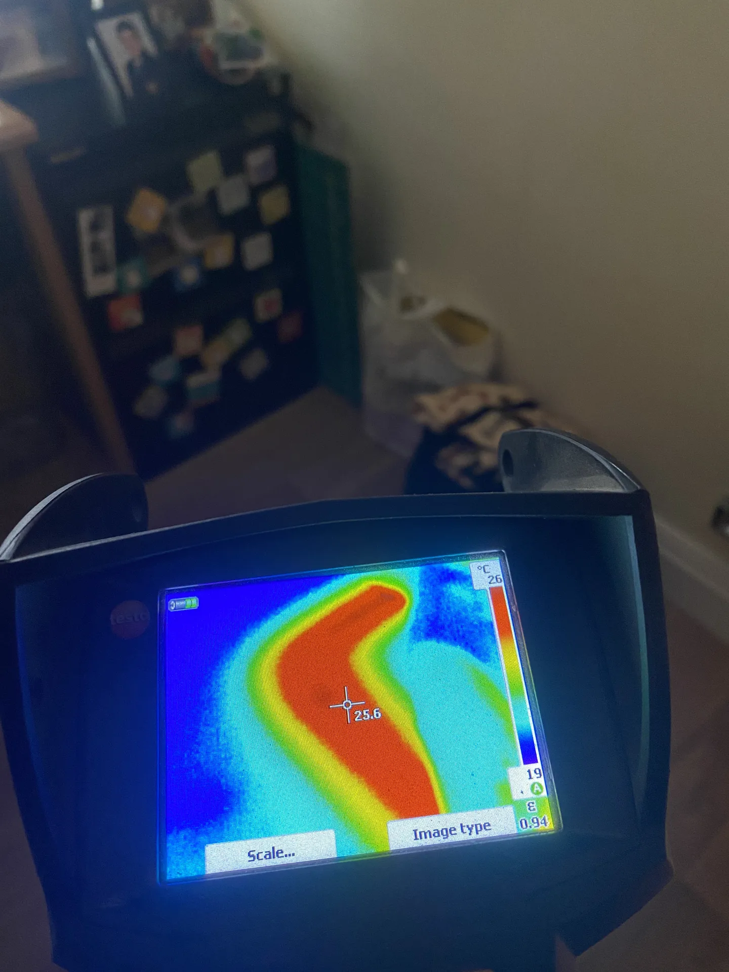 Thermal image of a heating pipe run under the floor, showing the exact line to open up